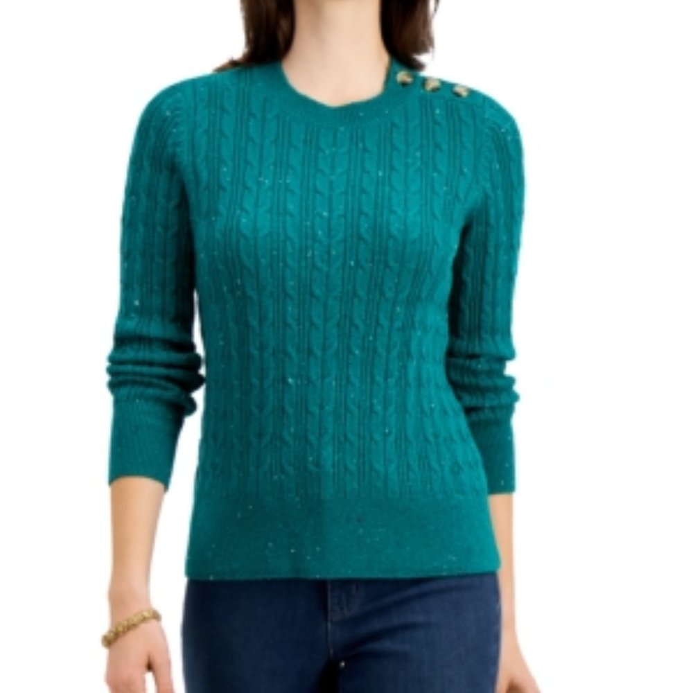 Charter Club Marine Green Cable Knit Women’s Petite Large Whimsy Sweater NWT